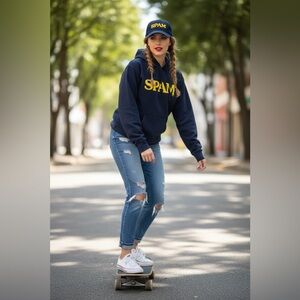 SPAM Navy Hoodie NWT Yellow Logo Gildan DryBlend Small